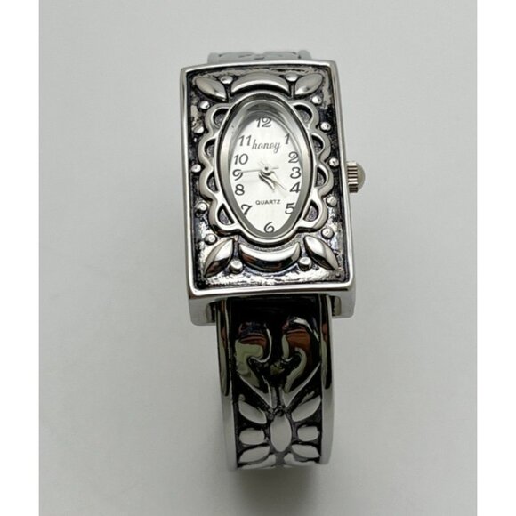 Honey Womens Cuff Watch Silver Tone Bracelet Intricate Floral Pattern Quartz - Picture 4 of 7